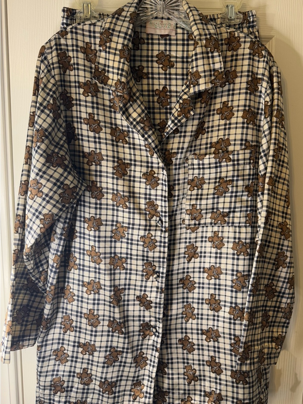 "VTG 90s Allison Rhea Teddy Bear Plaid Pajama Set Matching 2pc Small Lounge"